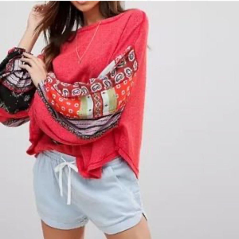 We The Free Red Waffle Knit Mix Media Blossom Baloin Sleeve Top women size M